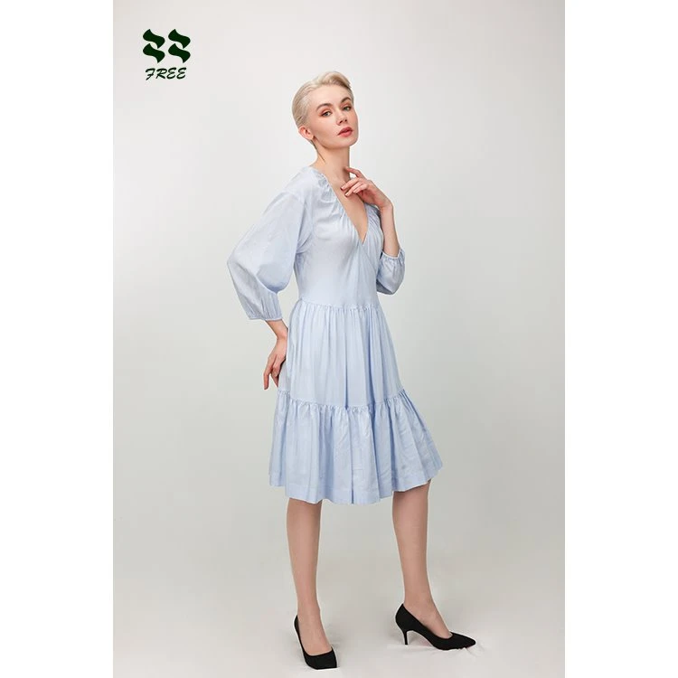 Light Blue Casual Wrap Beach Dresses With Long Sleeves