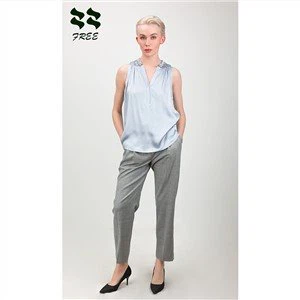 زنان بلوز ابریشم آبی روشن با مروارید پنجم گردن